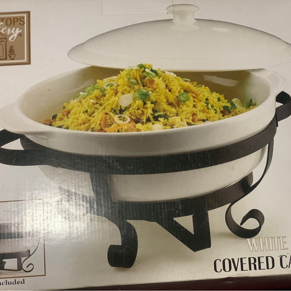 White Covered Casserole Dish with Black Stand
